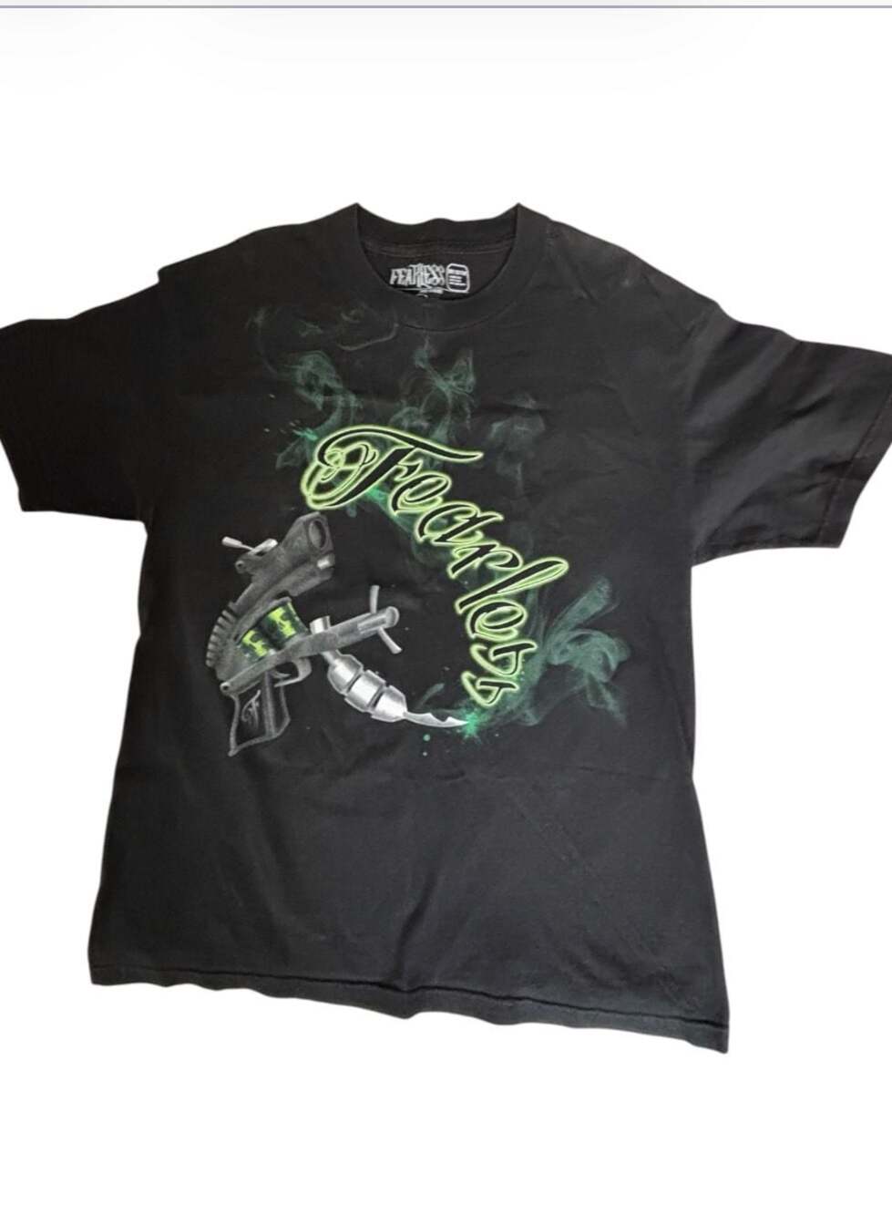 Fearless Apparel Graphic T-Shirt with Gun and Green Smoke Print